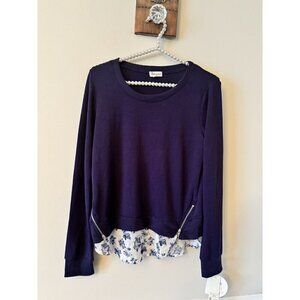 NWT Ten Sixty Sherman Girls Size XL Blue Long Sleeve Top Floral Hem Zipper Trim